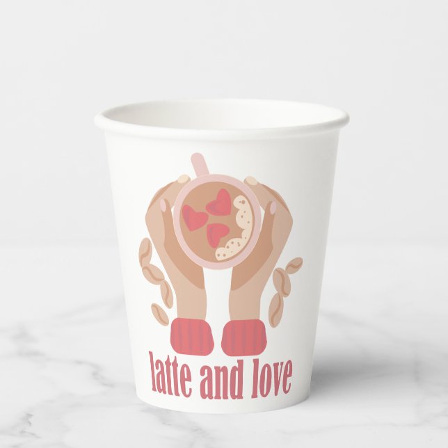 Latte and love cup, hands and coffee quote   paper cups (Front)
