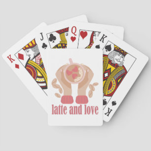 Latte and love cup, hands and coffee quote poker cards