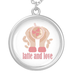 Latte and love cup, hands and coffee quote silver plated necklace