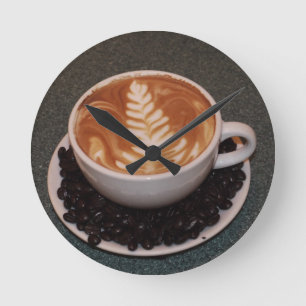 Latte Art and Coffee Beans Round Clock