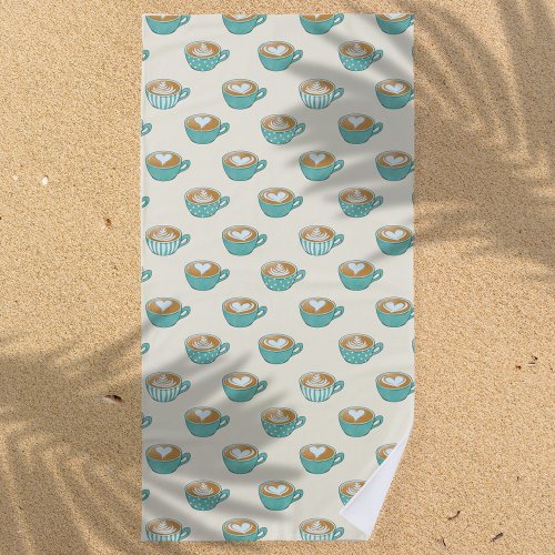 Latte Art in Cute Blue Coffee Mugs Beach Towel