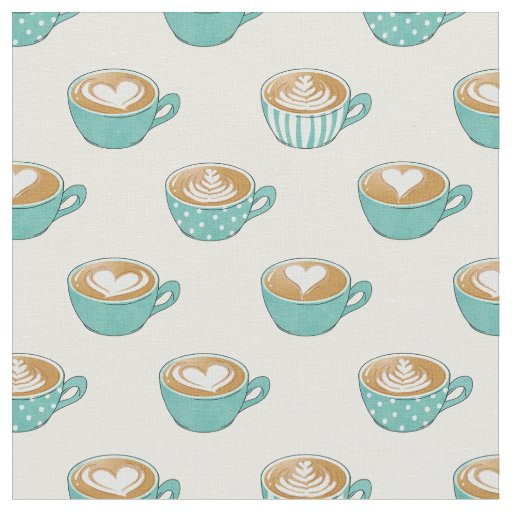 Latte Art in Cute Blue Coffee Mugs Fabric