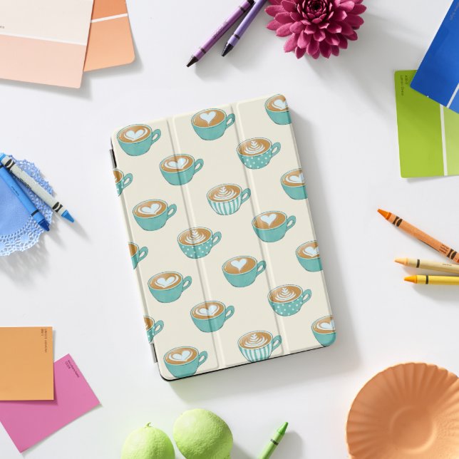Latte Art in Cute Blue Coffee Mugs iPad Pro Cover (Desk)