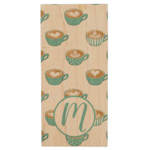 Latte Art in Cute Blue Coffee Mugs Wood Flash Drive