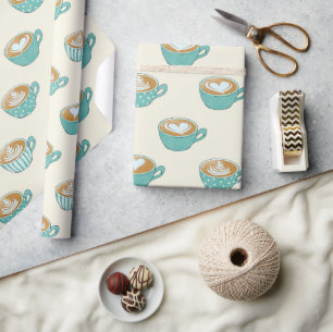 Latte Art in Cute Blue Coffee Mugs Wrapping Paper