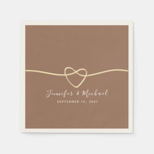 Latte Brown Gold Heart Personalized Wedding Napkins
