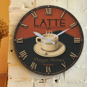 Latte Coffee  Italian Café Kitchen Decor Large Clock