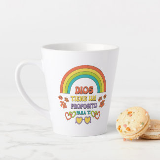 latte cup with a rainbow design and a religious ph