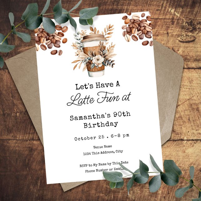 Latte Fun Coffee 90th Adult Birthday Invitation (Creator Uploaded)