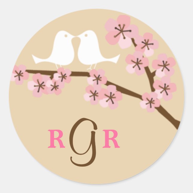Latte & Green Cherry Blossom Wedding Classic Round Sticker (Front)