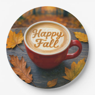 Latte Happy Fall In a Red Mug With Autumn Leaves Paper Plates