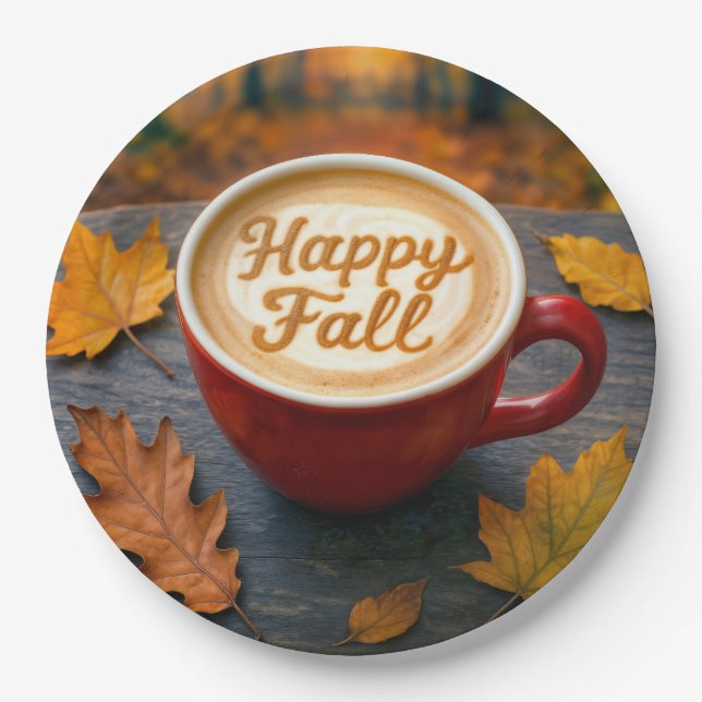 Latte Happy Fall In a Red Mug With Autumn Leaves Paper Plates (Front)