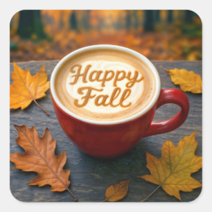 Latte Happy Fall In a Red Mug With Autumn Leaves Square Sticker