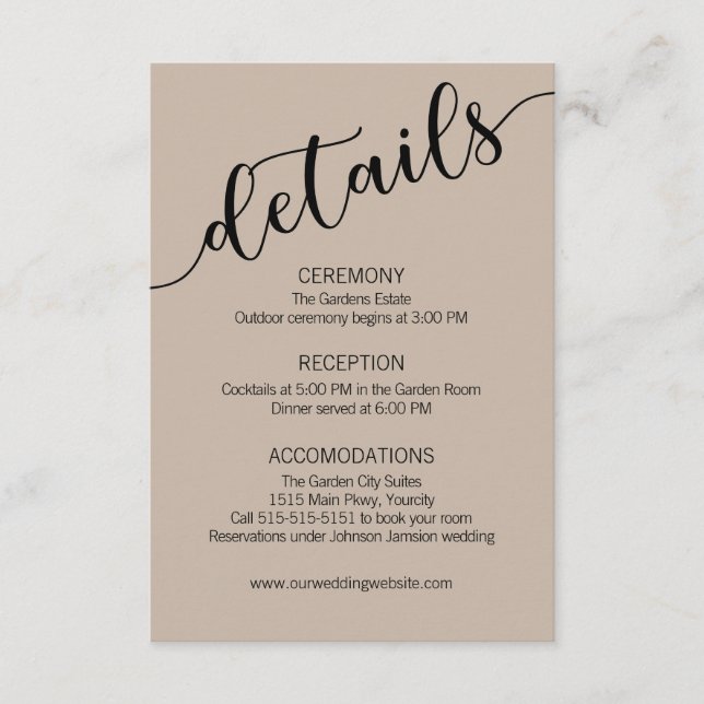 Latte Mocha Black Script Wedding Details  Enclosure Card (Front)