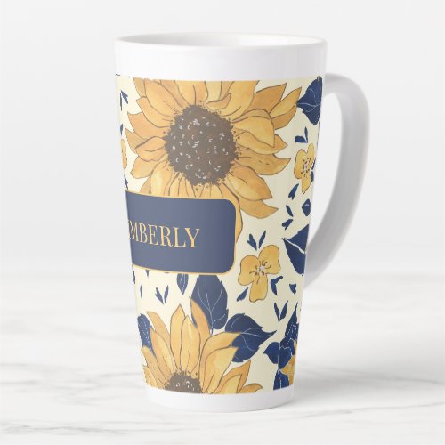 Latte Mug Navy Blue and Yellow Sunflowers Latte Mug