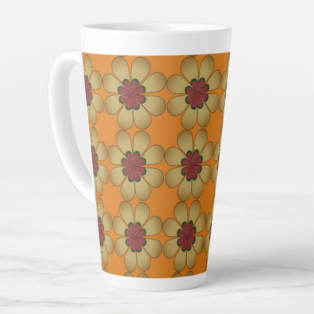Latte Mug - Stylized Daisies on Orange (Left Angle)