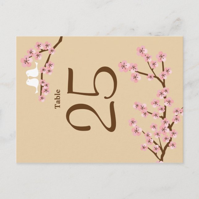 Latte & Pink Cherry Blossom Wedding Table Number (Front)