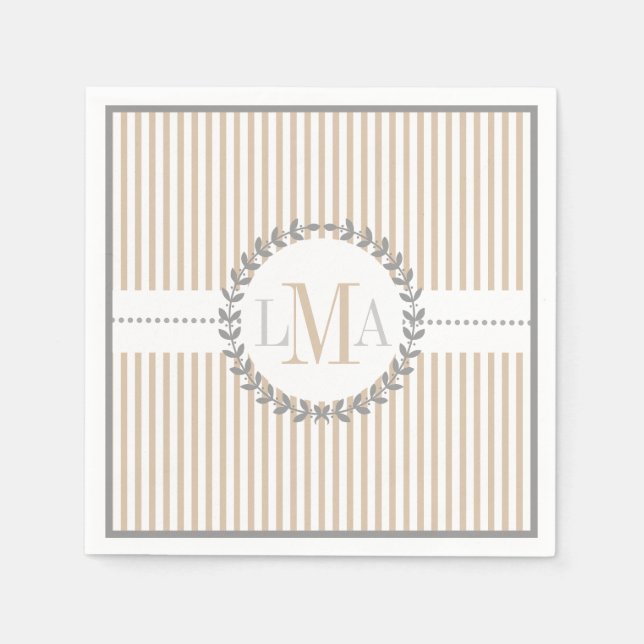 Latte, white striped pattern wedding paper napkins (Front)