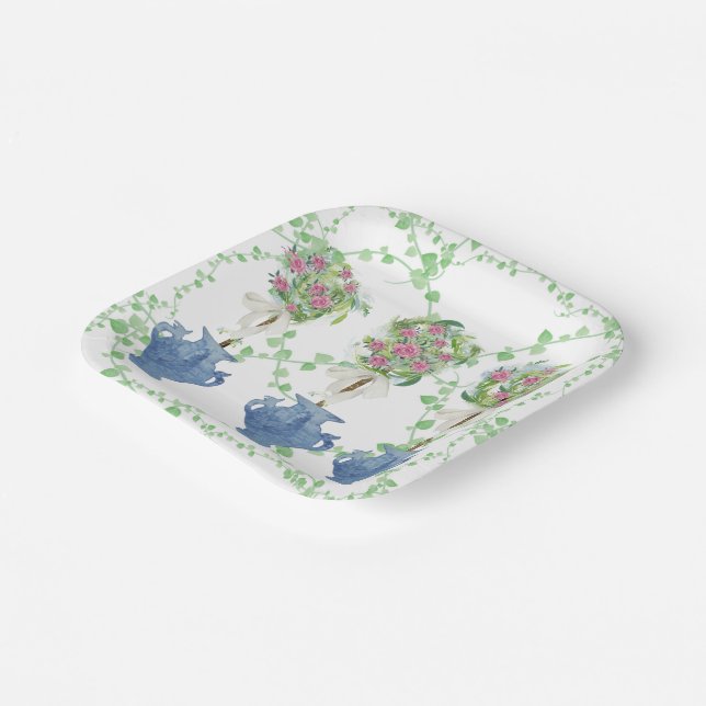 Lattice Green Topiary Roses Ginger jars jar Paper Plates (Angled)