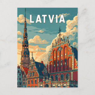 Latvia Illustration Travel Art Vintage Postcard