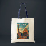 Latvia Illustration Travel Art Vintage Tote Bag<br><div class="desc">Latvia retro vector travel design. Latvia,  nestled in the heart of the Baltic region,  is a country rich in medieval charm,  forested landscapes,  and coastal beauty.</div>