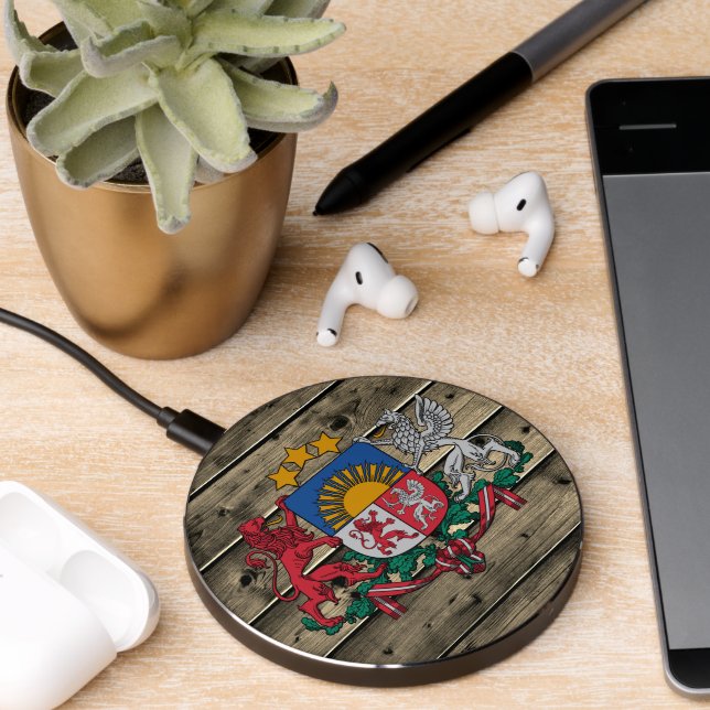 Latvia Rustic Wood, Latvian Coat of Arms, flag Wireless Charger (Desk 2)