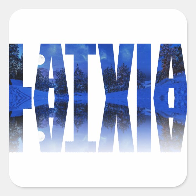 Latvia winter night text with reflection square sticker (Front)