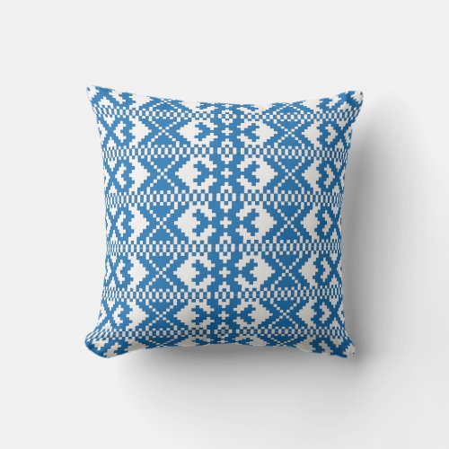 Latvian ancient signs blue and white folk art throw pillow