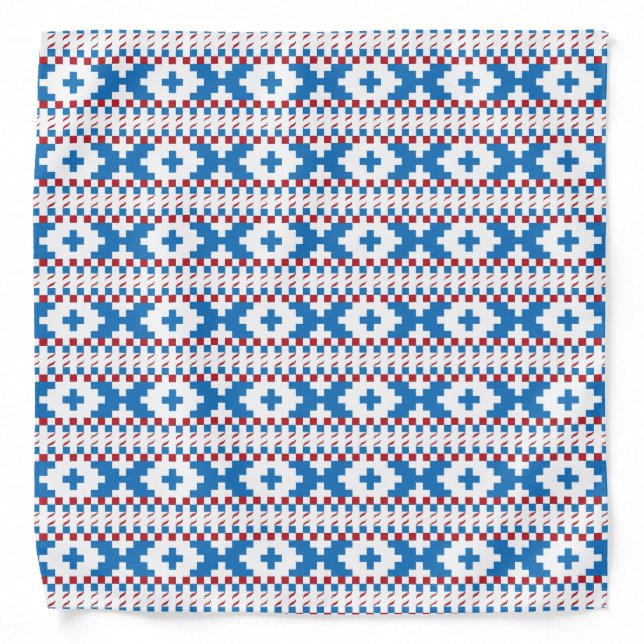 Latvian ancient signs blue, red, white folk art bandana (Front)
