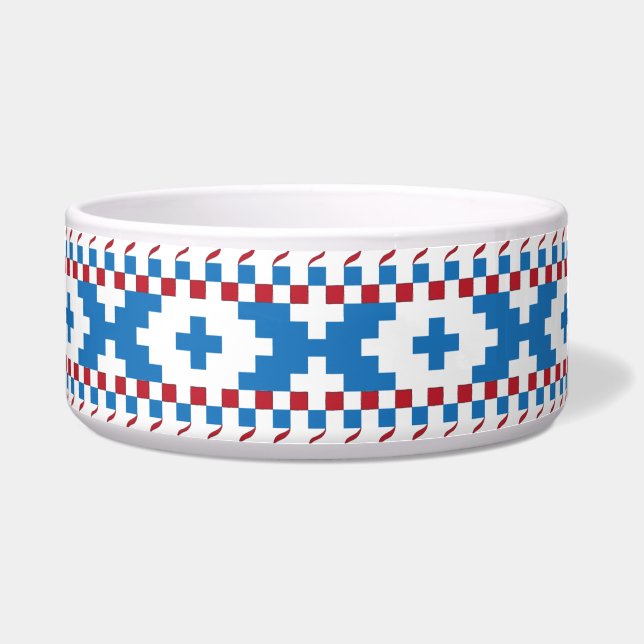 Latvian ancient signs blue, red, white folk art bowl (Front)