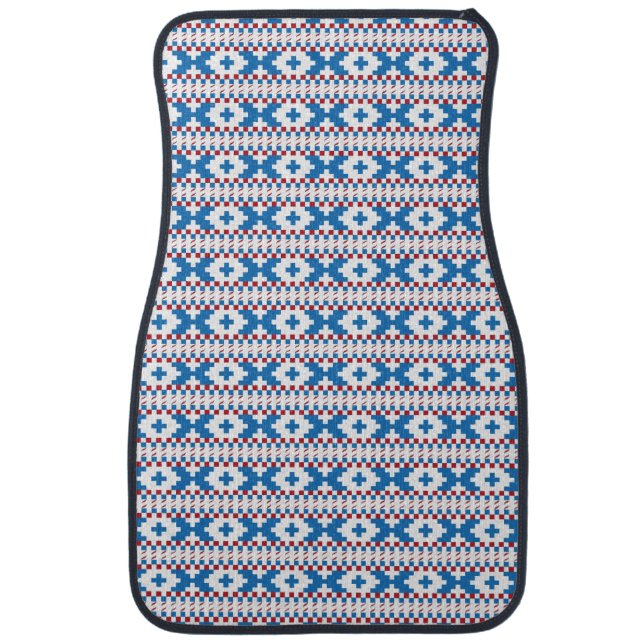 Latvian ancient signs blue, red, white folk art car mat (Front)