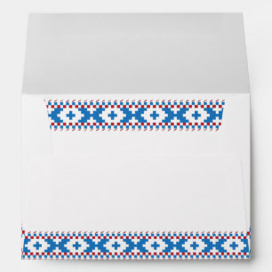 Latvian ancient signs blue, red, white folk art envelope