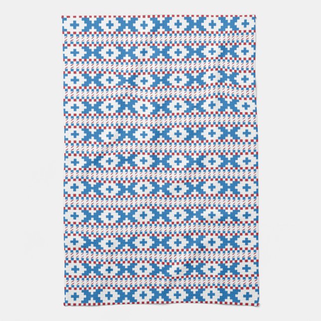 Latvian ancient signs blue, red, white folk art kitchen towel (Vertical)