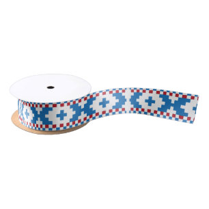 Latvian ancient signs blue, red, white folk art satin ribbon