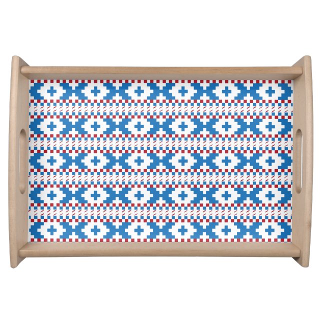 Latvian ancient signs blue, red, white folk art serving tray (Front)