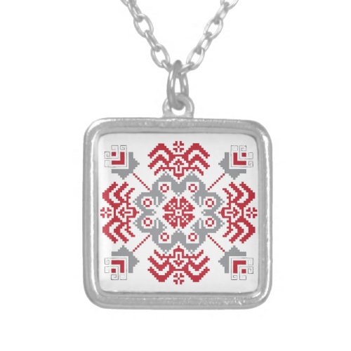 Latvian Auseklis Folk art geometric medallion Silver Plated Necklace