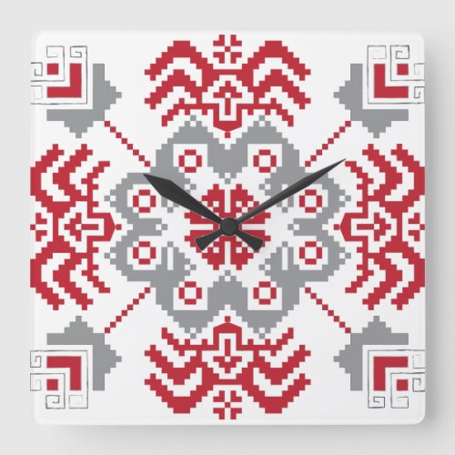 Latvian Auseklis Folk art geometric medallion Square Wall Clock