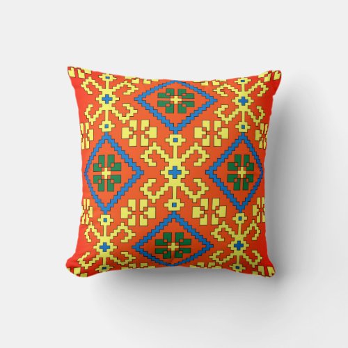 Latvian Ethnic orange blue folk art from Alsunga Throw Pillow