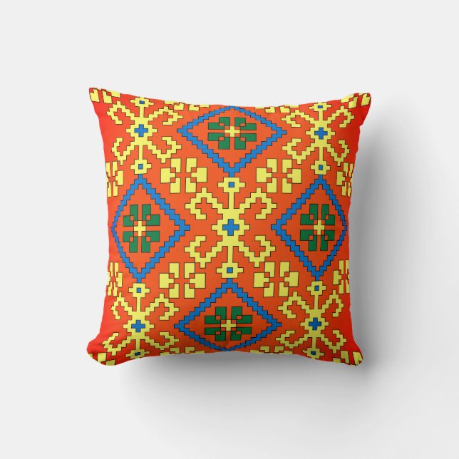 Latvian Ethnic orange blue folk art from Alsunga Throw Pillow (Front)