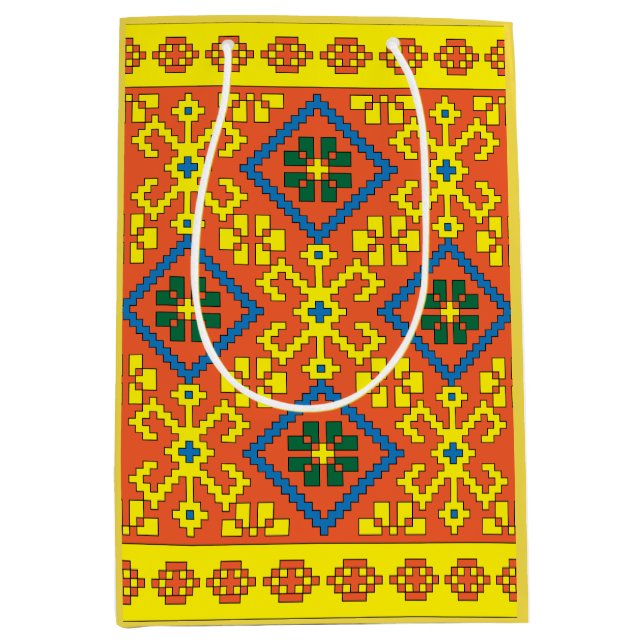 Latvian Ethnic orange yellow folk art from Alsunga Medium Gift Bag (Front)