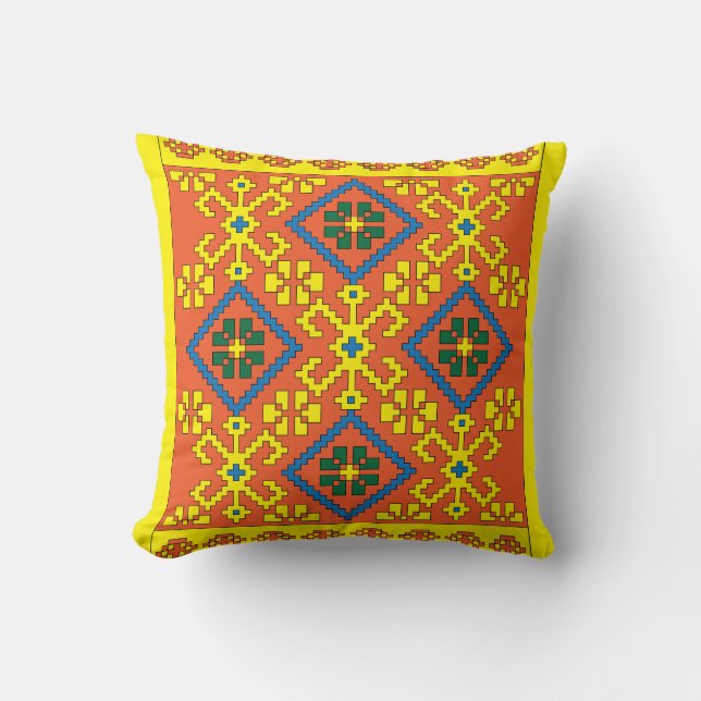 Latvian Ethnic orange yellow folk art from Alsunga Throw Pillow (Front)