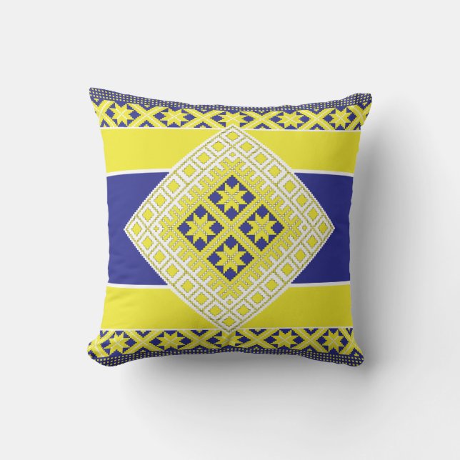 Latvian folk art blue yellow geometric Medallion Throw Pillow (Front)