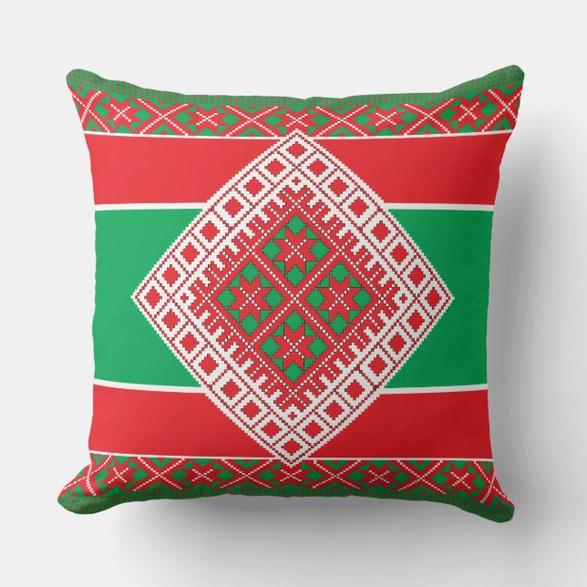 Latvian folk art red and green geometric Medallion Throw Pillow (Front)