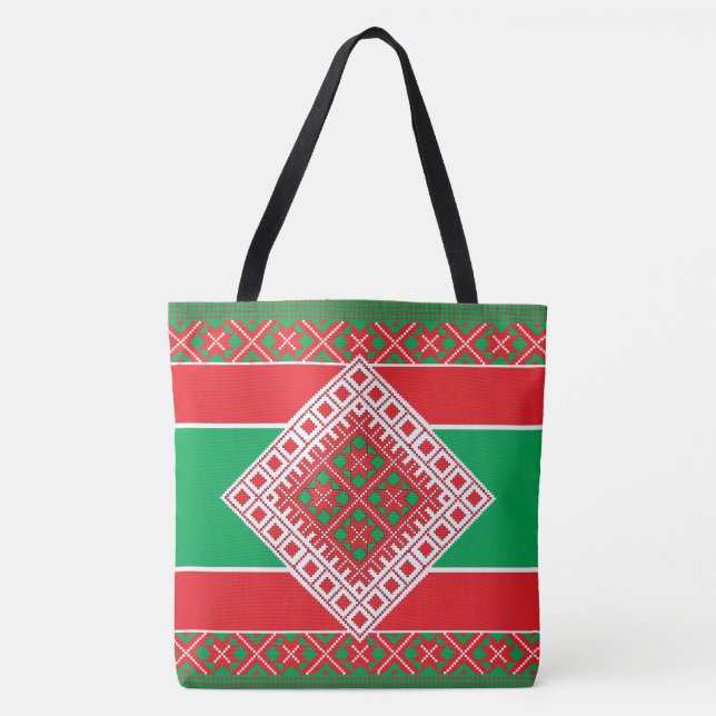 Latvian folk art red and green geometric Medallion Tote Bag (Front)
