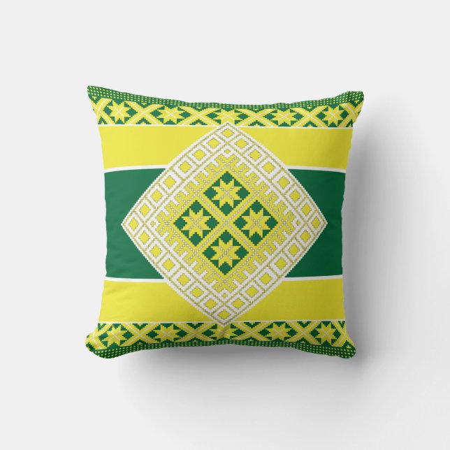 Latvian folk art yellow green geometric Medallion Throw Pillow (Front)