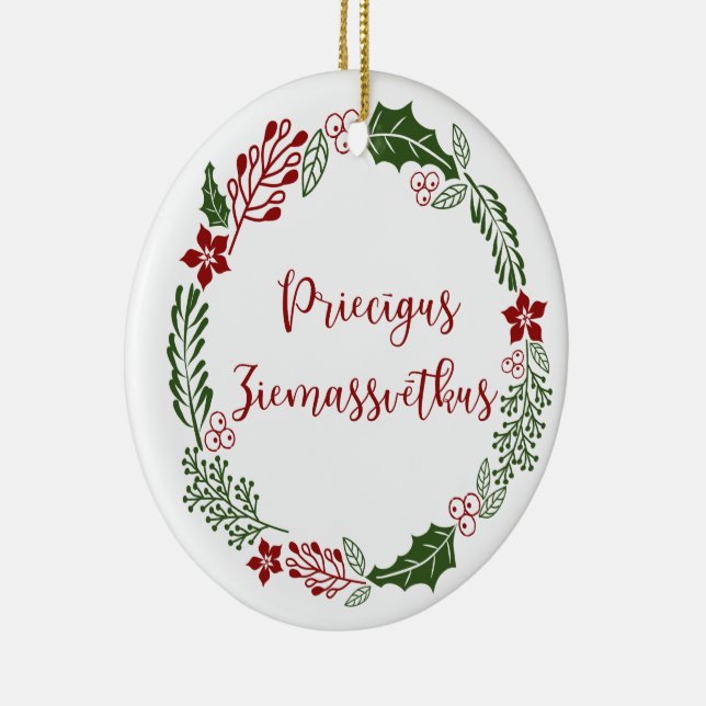 Latvian Merry Christmas, Priecīgus Ziemassvētkus Ceramic Ornament (Right)