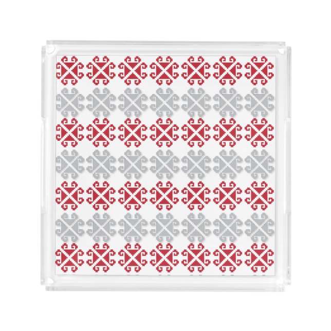 Latvian red and gray geometric Moon cross Acrylic Tray (Front)