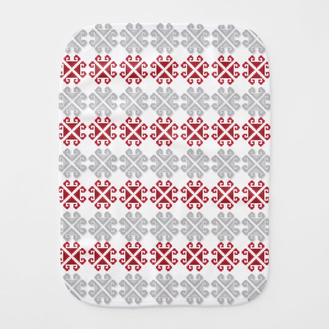 Latvian red and gray geometric Moon cross Burp Cloth (Front)
