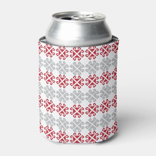 Latvian red and gray geometric Moon cross Can Cooler (Can Front)