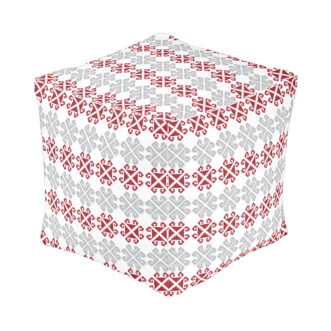 Latvian red and gray geometric Moon cross Pouf (Angled Front)